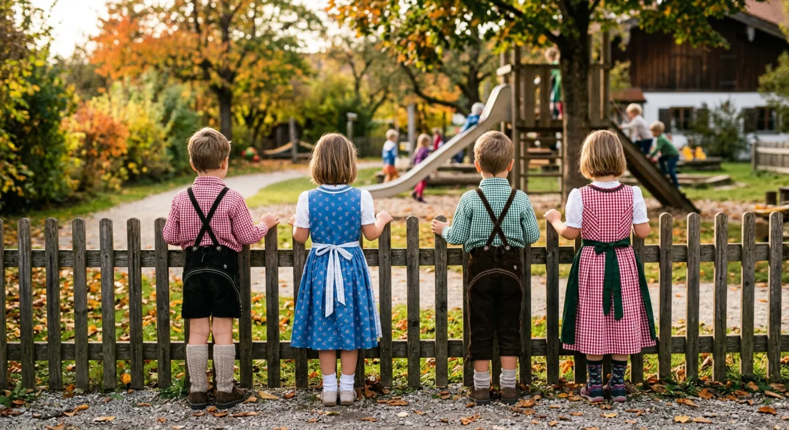 In Tracht am Gartenzaun